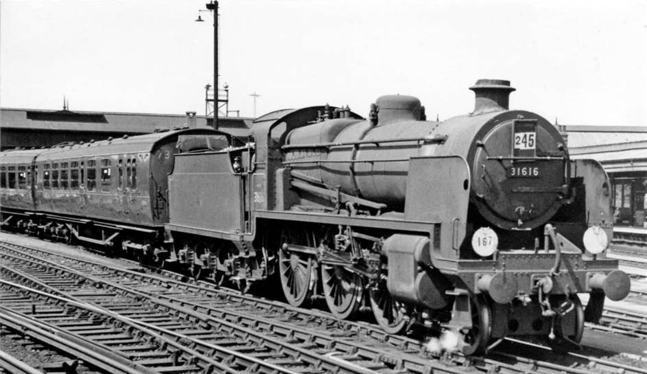 Empty stock for a Special leaving Clapham Carriage Yard
4th July 1959
View westward from main line platform 7. The locomotive is SR Maunsell U class no.31616 (built September 1928, withdrawn June 1964). Behind is Bulleid two-car R set 73 which was new on 6th May 1948. BSK 4381 (nearest the camera) was replaced by ex.Loose SK 98 in February 1965, with the set out-of-use (oou) in July 1967.
Ben Brooksbank (CC-by-SA/2.0)