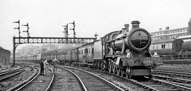 BloodandCustard
Marylebone Station
8.25am from Manchester
25th June 1948
Great Western 'Modified Hall' no.6990 'Witherslack Hall' was on test on the 08.25 from Manchester (London Road) via Sheffield Victoria, during the trials of Mixed Traffic locomotives. No.6990 was a Hawksworth 'Modified Hall', built April 1948, withdrawn December 1965 and is now preserved on the Great Central Railway.
 Note that I was not the only one interested .
  Ben Brooksbank (CC-by-SA/2.0)