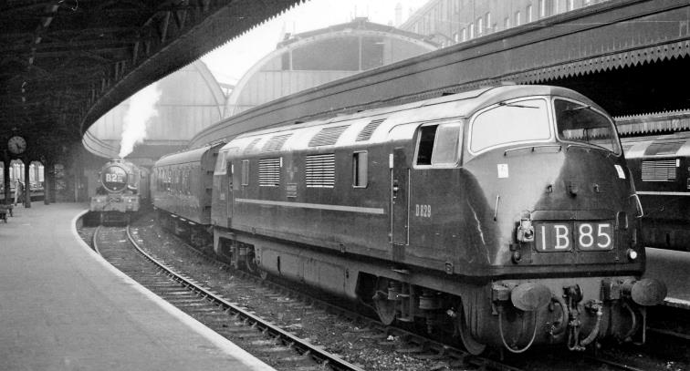 BloodandCustard
Paddington Station
'Warship' Diesel waits to leave Paddington on a Plymouth express
28th October 1961
Swindon-built 2,200hp 'Warship' Type 4 Bo-Bo Diesel-hydraulic no.D829 'Magpie' heads the 4.30pm at Platform 3, while another 'Warship' is at Platform 2, but there is still a 'Castle' on another Down express at Platform 4.
  Ben Brooksbank (CC-by-SA/2.0)