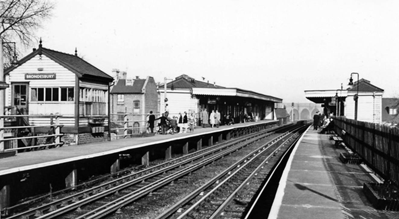 Brondesbury
View towards Dalston Junction and Broad Street on Sunday, 19th February 1961. Although fourth-rail electrified, the ex-North London Railway services from Richmond to Broad Street via Willesden Junction and Dalston Junction used 3rd rail stock.
Besides being an electrified suburban line, this still remains a major route for cross-London freight. In the distance can be seen the overbridge carrying the Metropolitan and ex-Great Central six tracked line into Baker Street and Marylebone
 Ben Brooksbank (Geograph/CC-by-SA)
