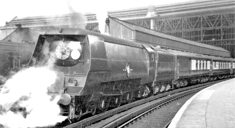 'Bournemouth Belle' leaving Waterloo
10th October 1946
Scheduled to depart at 12.30pm, the 'Bournemouth Belle' (Waterloo - Bournemouth West) was the first Pullman express to be restored after the War and this is its fourth run (Thursday). 
Post-War overall running times were longer with Bournemouth Central now reached in 2hrs 10mins (albeit 2hrs 5mins return). Consequentially the Bournemouth Belle was no longer the fastest train on the Bournemouth run. However, with up to twelve Pullman cars and an overall tare weight of almost 500 tons, it was the heaviest train on the route. The service met its end on 9th July 1967. 
Bulleid Pacific no.21C18 'British India Line' was built in May 1945, rebuilt February 1956 and withdrawn August 1964.
 Ben Brooksbank (CC-by-SA/2.0)
