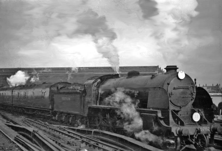 'King Arthur' leaving Waterloo for the Salisbury line
19th March 1949
View towards the buffers. Maunsell 'King Arthur' no.30782 'Sir Brian' was built July 1925, withdrawn September 1962. Although it has been renumbered from 782, six-months on it is still in Southern livery (15 months after Nationalisation).
The first coach would be BTK S2861S of Bulleid 59   multidoor  3-set no.973 (new 11th March 1946, strengthened August 1963, disbanded c.December 1963)
  Ben Brooksbank (CC-by-SA/2.0)