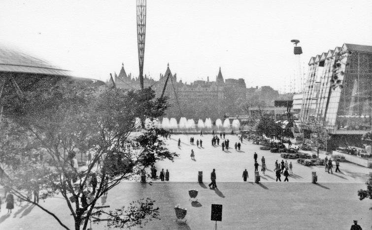 Festival of Britain Exhibition
17th July 1951
On a site adjacent to Waterloo station is a view westward along Fairway from Station Gate: Dome of Discovery on left, 'Skylon' left-centre, Transport Pavilion on right; Whitehall Court in background.
© Ben Brooksbank (CC-by-SA/2.0)
