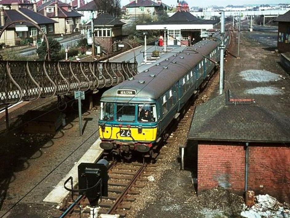 Blood & Custard
Glasgow Blue Trains
AM3 Transformer Incidents in 1960
Glasgow AM3 'Blue Train' at Muirend on Monday, 28th March 1966
This three-car unit (possibly no.041?) is in its original blue livery with wrap-round observation lights to the cab. However, a yellow warning panel has been added.
Inaugurated in 1962, this was part of the second stage of electrification of Glasgow suburban services including the Cathcart Circle and the line to Neilston. 
 Alan Murray-Rust (CC-by-SA/2.0)
