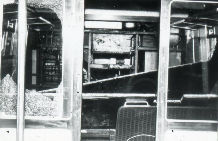 Blood & Custard
Glasgow Blue Trains
AM3 Transformer Incidents in 1960
Damage to the interior of AM3 unit no.051’s motor coach following the catastrophic transformer failure at Renton on Tuesday 13th December 1960. Note the failed equipment bulkhead, roof panels down and shattered internal glass.
© Alan Hawes
