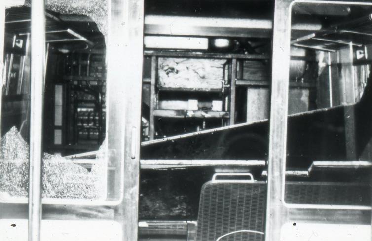 Blood & Custard
Glasgow Blue Trains
AM3 Transformer Incidents in 1960
Damage to the interior of AM3 unit no.051s motor coach following the catastrophic transformer failure at Renton on Tuesday 13th December 1960. Note the failed equipment bulkhead, roof panels down and shattered internal glass.
 Alan Hawes
