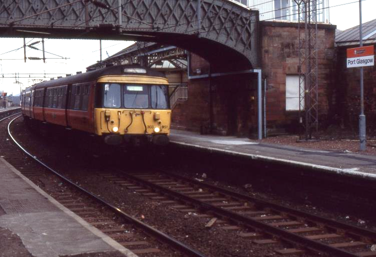 Blood & Custard
Glasgow Blue Trains
AM3 Transformer Incidents in 1960
In later livery, AM3 unit no.303051 at Port Glasgow on Tuesday 18th February 1986. 
On 13th December 1960 this unit had sustained significant damage at Renton.
 John Atkinson
