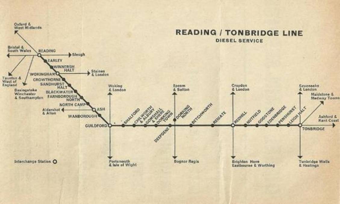 Reading – Tonbridge route diagram contained within the new 1965 timetable 
Colin Watts collection ©
