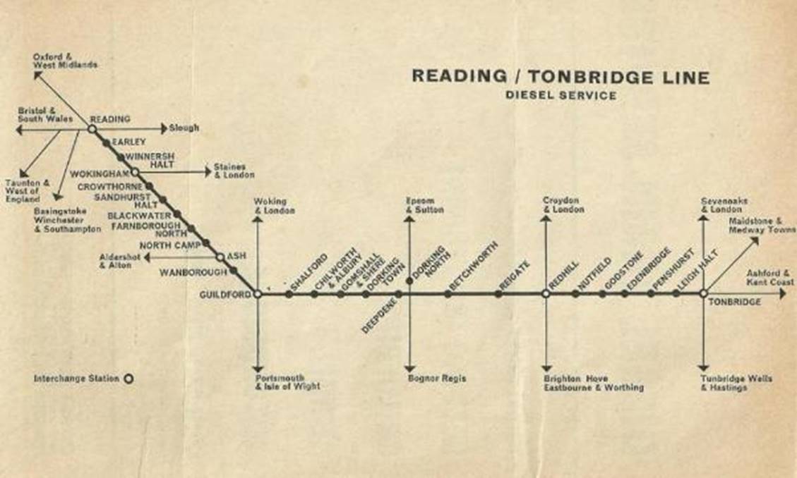 Reading  Tonbridge route diagram contained within the new 1965 timetable 
Colin Watts collection 
