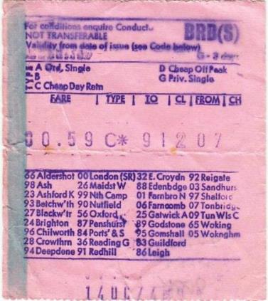 Cheap Day Return ‘Omniprinter’ ticket from Redhill to Tonbridge issued on a ‘Tadpole’ service during 14th October 1974. Note the ticket’s station codes.
Clive Standen collection ©
