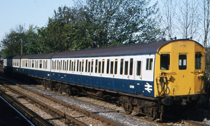 Berthed in the up side yard at Redhill on 13th May 1981 ‘Tadpole’ unit no. 1206 in its final form prior to disbanding, with an ex-6B (S60037 from 1037) motor coach and ex-6S (S60702 from 1003) trailer first reclassified to a composite. 
After the rest of the Tadpoles were disbanded, no.1206 was retained in this form for the Ashford-Hastings service.
© Tony Watson
