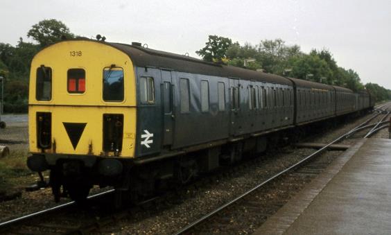 Edenbridge, 25th September 1978
Unit no.1203 works a Tonbridge bound train with 3D no. 1318 attached out of use for stock positioning purposes. This was an out of course movement as no down trains were booked for more than three coaches, although the 20.15hrs Tonbridge-Redhill did attach a 3D for working purposes.
 Tony Watson
