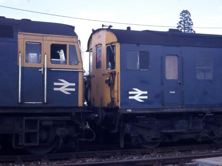 Failed unit no.1205 receives assistance at Edenbridge on 3rd April 1977.
 Tony Watson
