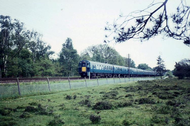 New 4 REP unit no.3007 heads a train between Lyndhurst Road & Beaulieu Road on Saturday 3rd June 1967; possibly a crew training run as records show no.3007 entered passenger service from 19th June 1967. However, it might just be unit no.3006 as this unit ran with 62153 (ex.3007) from 19th May 1967 until 13th June 1967. Note that to blue-painted buckeye coupler on the front is in the dropped position.
© John Hayward
