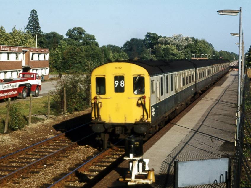 6L unit no.1012 at Edenbridge (16th September 1978).
Tony Watson recalls Seen from Edenbridge signalbox, where I was a frequent welcome but unofficial guest, 1012 rattles past on a diverted Hastings-Charing Cross service.
 I well remember about ten minutes later when the following up local train passed the box at the same time as a down diverted fast. The signalman sent "out of section" simultaneously to Penshurst and Godstone, both of whom immediately offered on the next trains. The cacophony of two demus and two lots of block bells at the same time was incredible, and my look of horror attracted comment from the signalman who competently distinguished and acknowledged the two lots of bells, operated the levers and instruments and recorded the whole lot neatly in the ledger. 
 Tony Watson 
