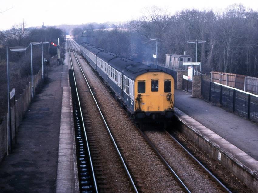 When the line between Tonbridge and London via Sevenoaks was blocked, Hastings trains could be diverted via Redhill. On 17th March 1979, 6L unit no.1017 hurries through Godstone with a diverted Down train.
 Tony Watson
