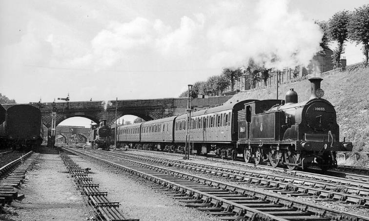 BloodandCustard BR(S) Mk1 Non-corridor Stock Southern Region Southern Suburban
Hauling one of the Crimson Lake-liveried 3-sets 152-155 (strengthened with two unidentified Seconds) M7 locomotive number 30669 departs from Exeter Central on a stopping train to Exmouth at 12.55pm on Thursday, 4th September 1958. 
A.E. West (Mike King collection)
