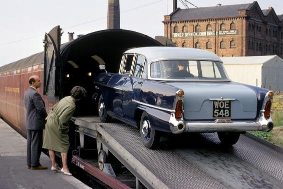 Vauxhall Victor being loaded onto a TCV in 1962 (British Rail)