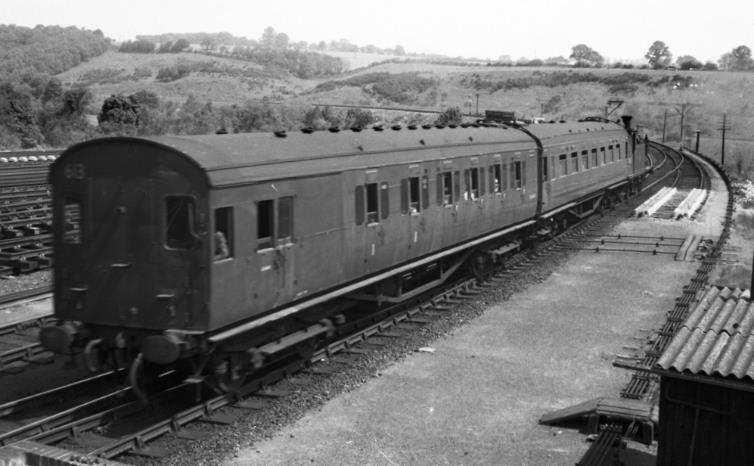 Southern Region
Pull-Push Sets
(Maunsell rebuilds 600-619)
Prior to fitment of air-horns and UIC First-class yellow band, on Saturday, 9th June 1962 pull-push set 613 approaches Yeovil Junction with the 11.45 a.m. from Yeovil Town. Propelled by an unidentified M7, the train was photographed from Yeovil Junction A signal box - which was subsequently demolished almost exactly fifty-years later on Sunday, 10th June 2012.
 RCTS (Railway Correspondence & Travel Society)
