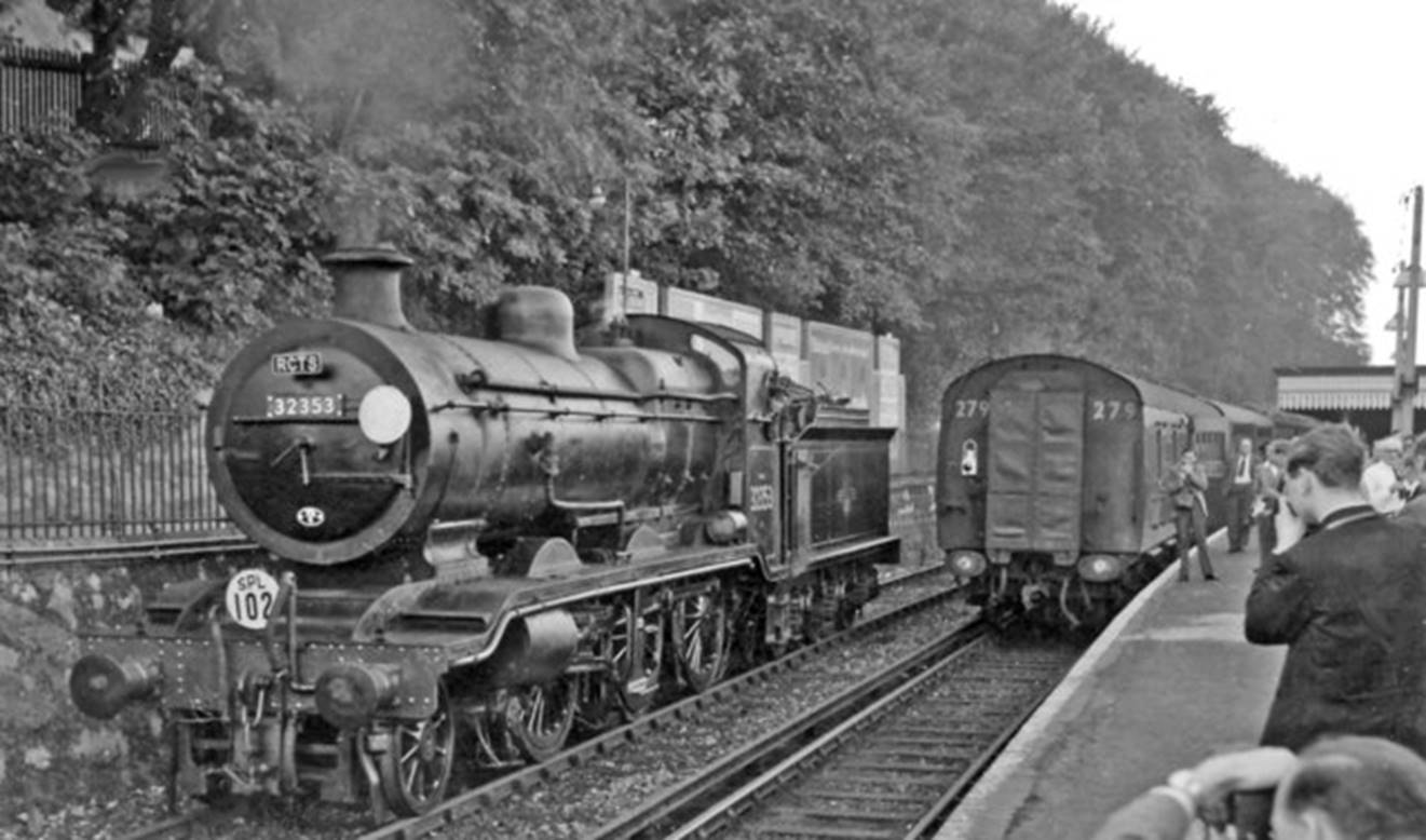 Preston Park 
RCTS ‘Sussex Rail Tour’
Sunday, 7th October 1962 and the RCTS 'Sussex Rail Tour' train. Running tender-first, R. Billinton’s K class no. 32353 (built March 1921, withdrawn December 1962) has drawn set 279 out of Brighton Station. It will now take the train round to Hove, thence back to London via Steyning and Horsham. 
“I was not the only one to photograph it.”
© Ben Brooksbank (CC-by-SA/2.0)

