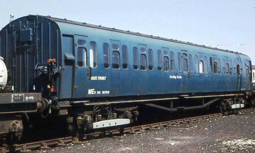 De-icing trailer ADS70087 was former all-steel trailer S10400S built in April 1946 & used in 4 SUB 4349 (ex.3 Car Motor Unit). 
(Ashford Works 19th August 1978)
 Tony Watson
