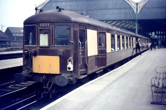 Unit no.3053 has just arrived at Brighton (with unit no.3052 leading) on the 11.00 from Victoria on Sunday, 2nd March 1969. Note the oil tail lamp.
By this date unit no.3053 was the only unit of the three still running in its original umber & cream Pullman colours although the cab end crest has already been obliterated by the yellow warning panel (during its overhaul at Eastleigh in January 1967). 
Unit no.3053 went to Eastleigh just four weeks later for its final overhaul into Blue /Grey livery. Car 93 (nearest to camera) survives today (stored at Stewarts Lane). 
  John Hayward.

