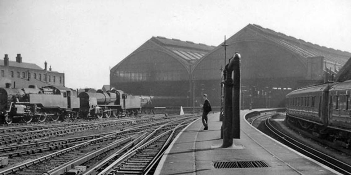 Brighton
Trainshed from platform 1 & 2 on 7th October 1962. 
Outside the locomotive depot is a BR Standard 4MT 2-6-4T and a SR Class N 2-6-0.
© Ben Brooksbank (CC-by-SA/2.0)
