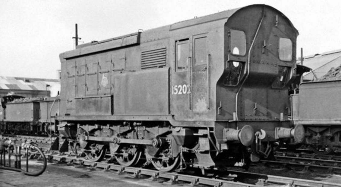 Photographed at Hither Green on Saturday 12th March 1960, no. 15202 was one of three pioneer 0-6-0 diesel-electric shunting locomotives built to Bulleid /English-Electric design for the Southern Railway in 1937. 
The basic design was used quite extensively on the LMSR, with also a few each on the LNER and GWR before and after the war: another 25 were built by the SR in 1949-52. They were the precursors to the fleet of 1,200 TOPS Class 08 locomotives built for BR up until 1962.
© Ben Brooksbank (Geograph/CC-by-SA)

