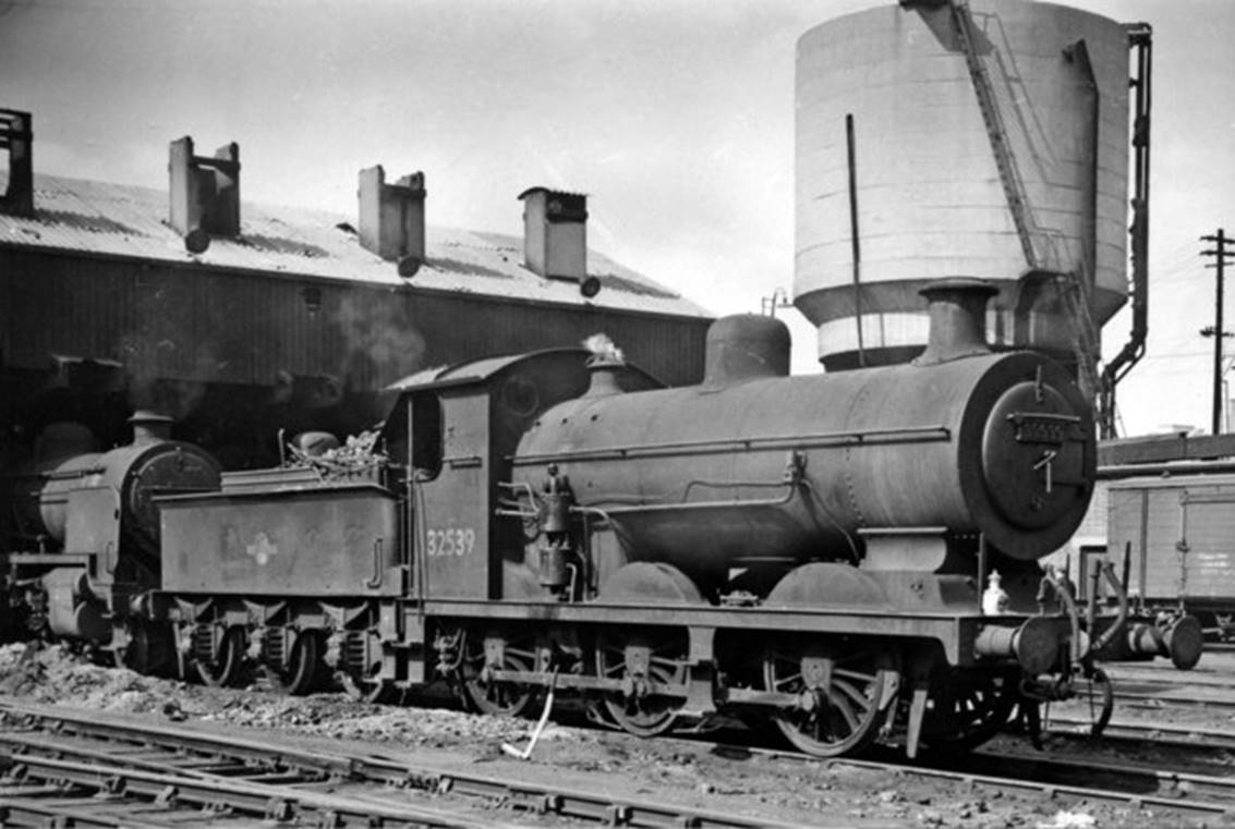 This large Locomotive Depot in the Bricklayer's Arms complex of Goods stations and yards on the mile-long branch off the main lines at the North Kent Junctions in Bermondsey still had in 1959 a substantial complement of steam engines. No.32539 is a class C2X 0-6-0 built as an R. Billinton C2 in November 1900, rebuilt in June 1924 and withdrawn in November 1961.
© Ben Brooksbank (Geograph/CC-by-SA)
