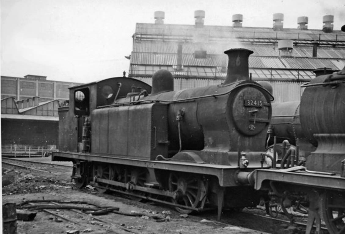 In the depths of the complex depot is R. Billinton E6 class 0-6-2T No. 32415 (built October 1905 as no.415, withdrawn September 1961). Most of the E6s worked from Bricklayer's Arms, on shunting and trip work.
© Ben Brooksbank (Geograph/CC-by-SA)
