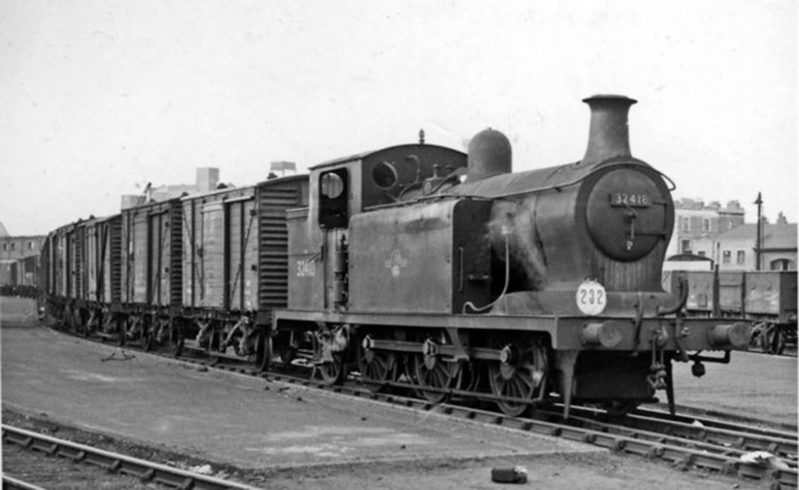 In the days (1959) when the several Depots at Bricklayer's Arms were still very active, ex-LBSCR R. Billinton class E6 0-6-2T no.32418 (built December 1905, withdrawn December 1962) is shunting vans.
 Ben Brooksbank (Geograph/CC-by-SA)
