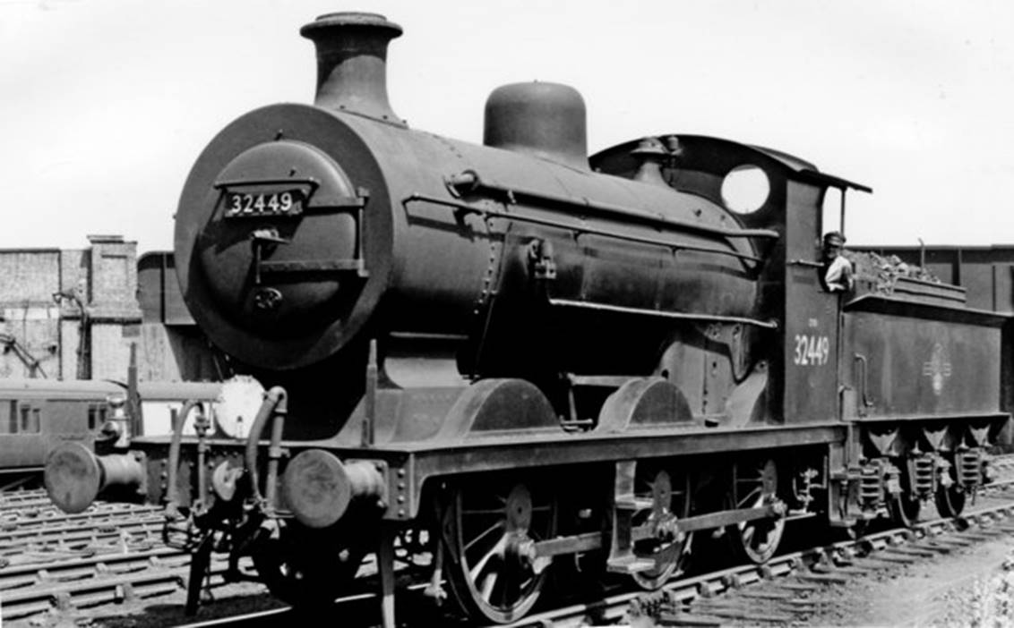 No.32449 was an R. Billinton C2 class 0-6-0 built October 1894, rebuilt by Marsh as a C2x in January 1912 and withdrawn June 1961. It is standing on the Bricklayers Arms branch at North Kent West Junction.
© Ben Brooksbank (Geograph/CC-by-SA)
