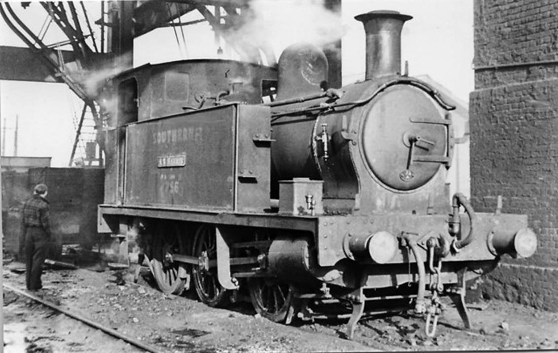 The unique 0-6-0T Shed pilot at Stewarts Lane Locomotive Depot on 7th April 1951. Ex-Plymouth, Devonport & SW Junction no.756 'A.S.Harris' was built by Hawthorn, Leslie in December 1907. After its home line was absorbed into the LSWR in 1922 it spent most of its life as a shed-pilot all over the SR system until withdrawn in October 1951. 
 Ben Brooksbank (Geograph/CC-by-SA)
