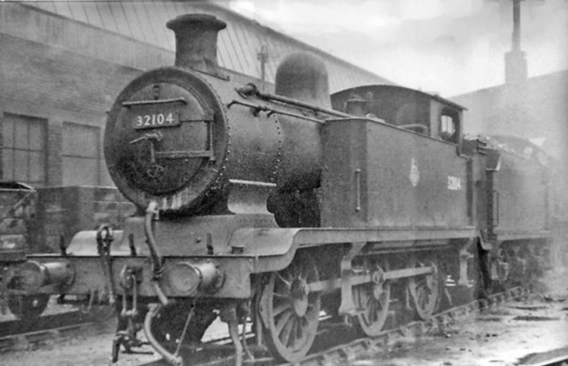 Normally employed as a Station Pilot at Victoria, on 7th April 1951 L.B. Billintons E2-class no.32104 is out of use at the back of the shed at Stewarts Lance. Built in January 1914 it was withdrawn in April 1963.
 Ben Brooksbank (Geograph/CC-by-SA)
