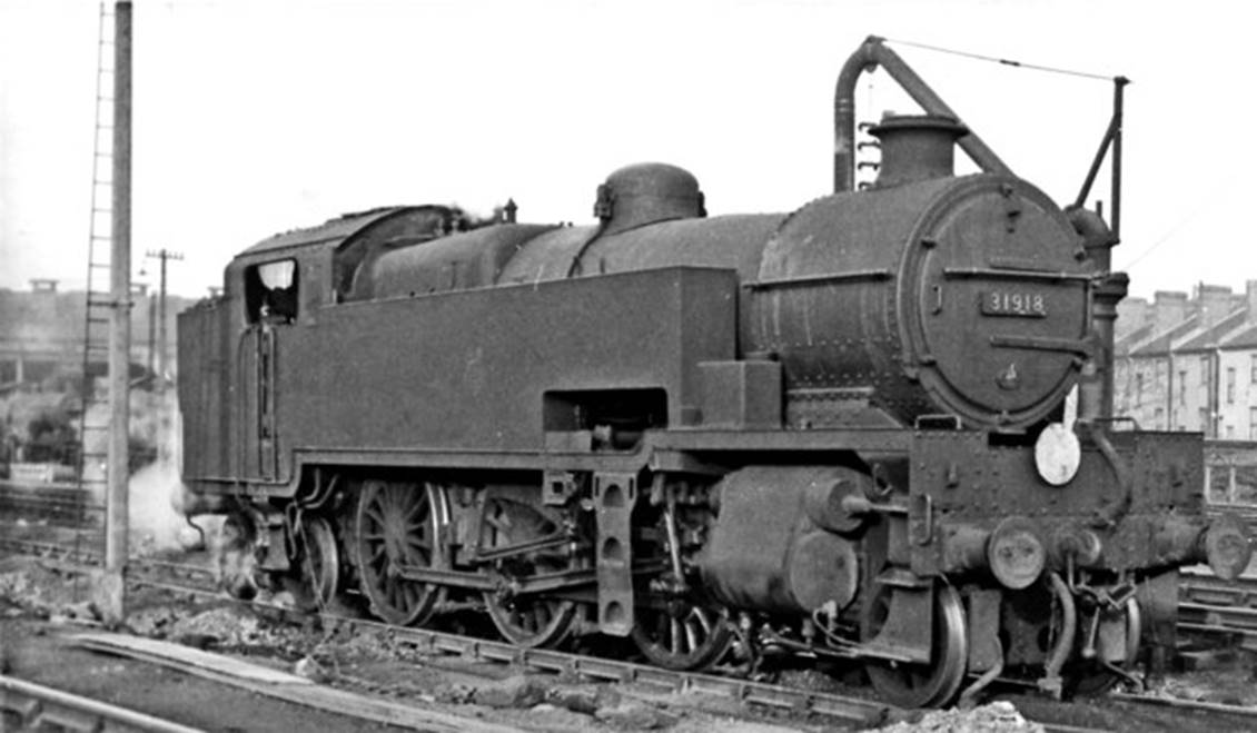 Maunsell's W-class of fifteen 2-6-4T locomotives were designed specifically for the heavy freight in London between the SR Goods Yards and those of the other three (GWR, LMSR and LNER); they very rarely went further afield. On 12th March 1960 no.31918 (built June 1935, withdrawn August 1963) was one of Norwood Depot's allocation of five.
© Ben Brooksbank (Geograph/CC-by-SA)
