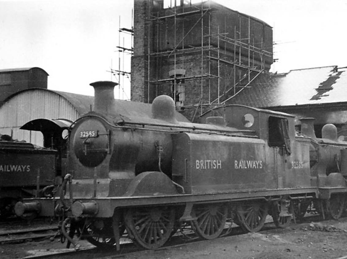 With BRITISH RAILWAYS on its sides ex-LBSCR R. Billinton E5-class no.32585 (Three Bridges 11th December 1948) was built as no.585 'Crowborough' in November 1903 and withdrawn in May 1954.
 Ben Brooksbank (Geograph/CC-by-SA)
