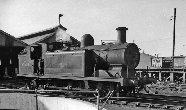 Sunday, 7th October 1962 at Newhaven Locomotive Depot with ex-LBSCR is R. Billinton E4-class no.32503. Built as no. 503 'Buckland' in August 1900 it was withdrawn in April 1963.
© Ben Brooksbank (Geograph/CC-by-SA)
