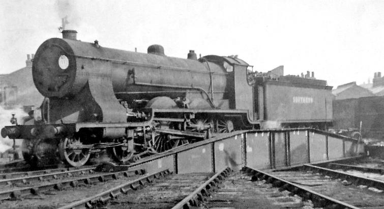 www.BloodandCustard.com
The turntable was at the far end of the Yard, the whole Depot being curiously arranged with 'its back towards' the main line from Waterloo. No.459 was a Drummond T14 class 'Paddlebox' 4-6-0 (built June 1912, withdrawn November 1948).
 Ben Brooksbank (CC-by-SA/2.0)
