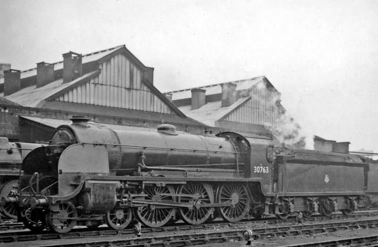 www.BloodandCustard.com
Outside the main shed is SR Maunsell 'King Arthur' class N15 no.30763 'Sir Bors de Ganis'. This was the first of the Maunsell improvements of the Urie 'Arthurs' ordered from North British Locomotive Co. in 1925 and given the names of the lesser-known Knights of the Round Table.
The N15 locomotives became the principal class of 4-6-0s for SR express work between the Wars. No.30763 was built May 1925 and withdrawn October 1960.
 Ben Brooksbank (CC-by-SA/2.0)
