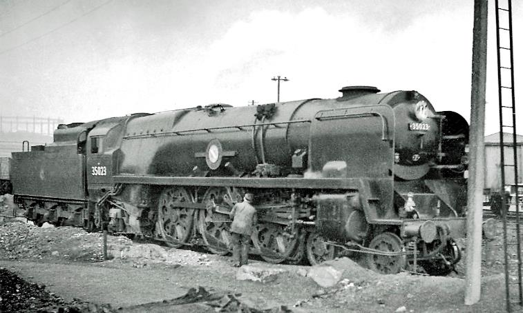 www.BloodandCustard.com
SR rebuilt Bulleid 'Merchant Navy' Pacific no.35023 'Holland-Afrika Line' was built November 1948, rebuilt February 1957 and withdrawn July 1967.
 Ben Brooksbank (CC-by-SA/2.0)
