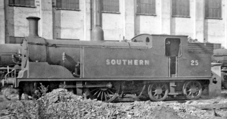 www.BloodandCustard.com
On 27th September 1947 pre-Nationalisation portrait of Drummond M7 class no.25 (built February 1899, withdrawn as no. 30025 in May 1964). It was one of the few on the allocation of Feltham Depot, which was primarily for freight motive power.
In 1947 Feltham had an allocation of 96 locomotives comprising 37 off 4-6-0, 10 off 4-4-0, 5 off 2-8-0 (ex-WD), 35 off 0-6-0, 4 off 4-8-0T and 5 off 0-4-4T types.
 Ben Brooksbank (CC-by-SA/2.0)
