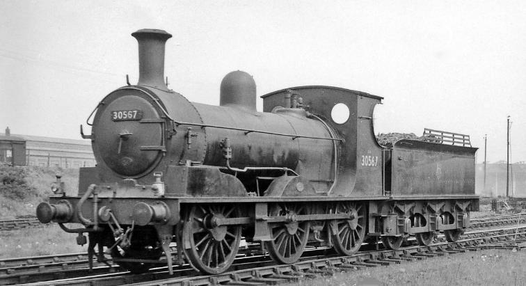 www.BloodandCustard.com
Adams '395' class no.30567 at Feltham Locomotive Depot on 11th May 1959, which was built as no.154 in March 1883, later Duplicate no.0154, SR no.3154, then BR no.30567 and survived until September 1959.
 Ben Brooksbank (CC-by-SA/2.0)
