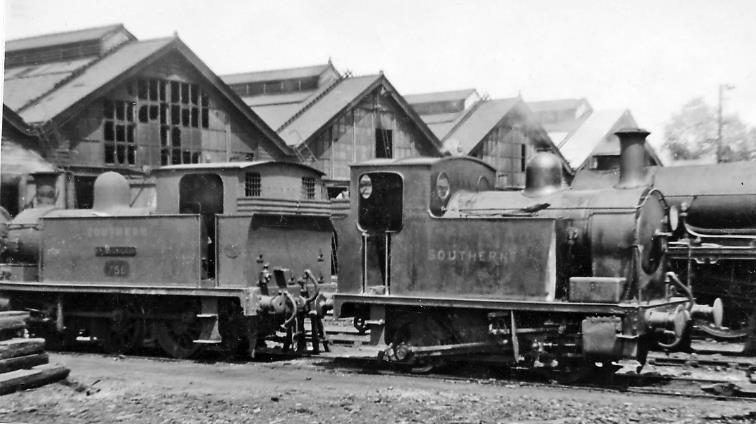 Unusual diminutive tank engines for work in and around Eastleigh Works and Depot, also in Southampton Docks (and elsewhere). On the left is ex-Plymouth, Devonport & SW Junction 0-6-0T no.756 'A.S. Harris' (built December 1907, withdrawn October 1951); on the right Drummond C14 class 0-4-0T no.744 (built January 1907, withdrawn as BR no.30589 in June 1957). 
Eastleigh depot was one of the largest on the SR: in 1946 its allocation was 131 engines of extraordinary variety in age and origin: 17 off 4-6-0, 31 off 4-4-0, 7 off 2-6-0, 19 off 0-6-0, 15 off 0-4-2, 1 of 0-8-0T, 13 off 0-6-0T, 23 off 0-4-4T and 5 off 0-4-0T.
 Ben Brooksbank (CC-by-SA/2.0)
