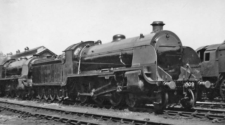 Fresh after repair at Eastleigh Works - but not very smart, ex-LSWR Urie class S15 no.509 (built December 1920, withdrawn July 1963) is prominent in the lines of engines in Eastleigh Locomotive Yard.
 Ben Brooksbank (CC-by-SA/2.0)
