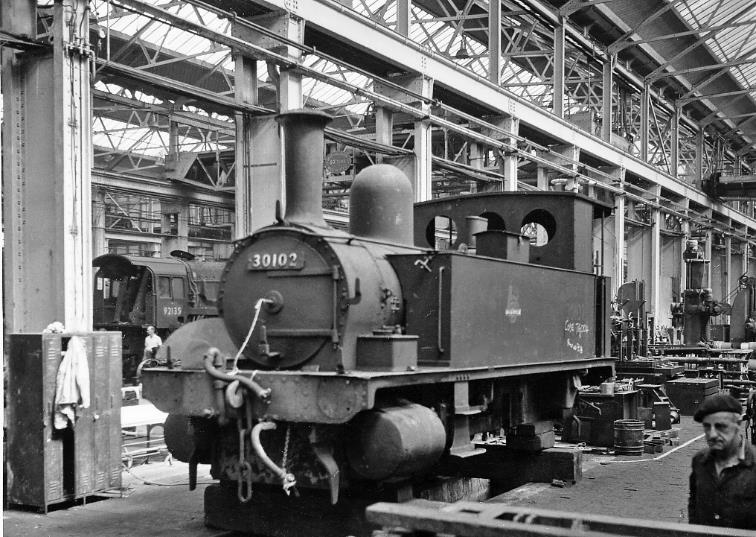 Ex-LSWR Adams class B4, formerly 'Granville' (built December 1893, withdrawn September 1963), had been a Southampton Docks shunter. Here it is being restored for preservation Butlin's Skegness. Beyond can be glimpsed a BR 9F from Saltley LMR.
 Ben Brooksbank (CC-by-SA/2.0)
