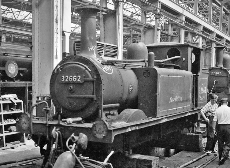 Built by Stroudley as A class no.62 'Martello' in October 1875, rebuilt to A1X in December 1912, 'Terrier' no.32662 was withdrawn in November 1963, but here it is being prepared for preservation. It was sold to Butlin's at Ayr.
 Ben Brooksbank (CC-by-SA/2.0)
