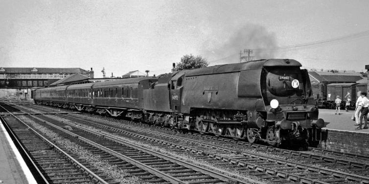 Eastleigh station, with a south-bound Special for Salisbury via Southampton probably for Eastleigh Works Open Day (see children). 
The locomotive is SR Bulleid Light Pacific no.34092 'City of Wells', built September 1949, withdrawn November 1964 and is now preserved.
 Ben Brooksbank (CC-by-SA/2.0)
