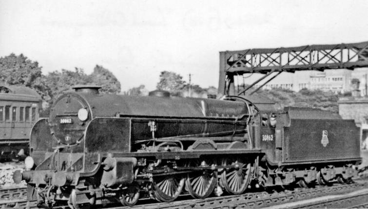 A 'Lord Nelson' at Bournemouth Locomotive Depot on 15th June 1951 from the west end of Bournemouth Central station. No.30862 'Lord Collingwood' was built October 1929 and withdrawn October 19/62. 
Coded 71B under BR(S), in 1950 Bournemouth Locomotive Depot had an allocation comprising: 8 off 4-6-2, 11 off 4-6-0, 5 off 4-4-0, 1 off 2-6-0, 3 off 0-6-0, 1 off 0-6-0T, 15 off 0-4-4T and 3 off 0-4-0T.
  Ben Brooksbank (CC-by-SA/2.0)

