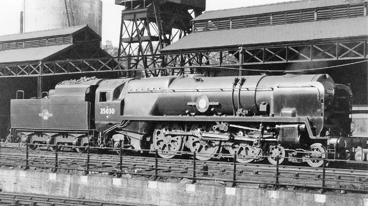 Rebuilt 'Merchant Navy' no.35030 'Elder Dempster Lines' (built April 1949, rebuilt April 1958, withdrawn Jul 1967 - the last).at Bournemouth Locomotive Depot as seen from the west end of Bournemouth Centrals long Down platform on 10th May 1958.
 Ben Brooksbank (CC-by-SA/2.0)
