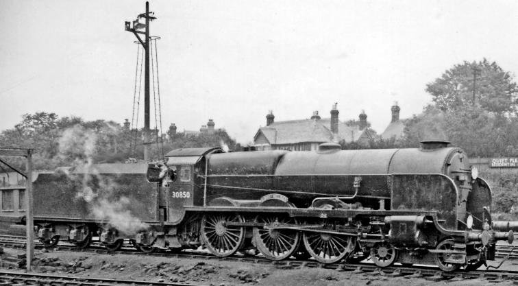 'Lord Nelson' at Bournemouth Locomotive Depot from the west end of Bournemouth Central Station on 5th July 1958. No.30850 'Lord Nelson' was the first of Maunsell's largest 4-6-0's, built in August 1926 - preceding by nearly two years further members of the class, and withdrawn in August 1962 and preserved in the National Collection. 
 Ben Brooksbank (CC-by-SA/2.0)
